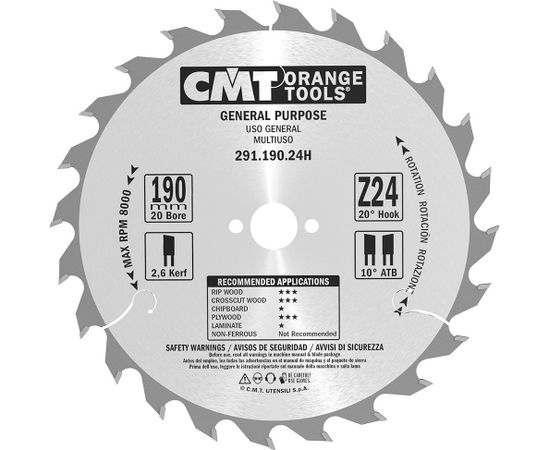 Griešanas disks kokam CMT 291; 190x2.6x20; Z24; 20°