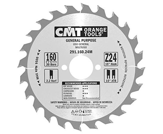 Griešanas disks kokam CMT 291; 160x2,2x30; Z24; 15°