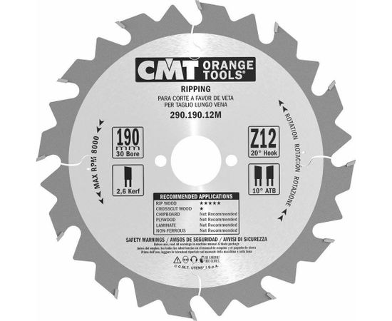 Griešanas disks kokam CMT 290; 190x2.6x30; Z12; 20°