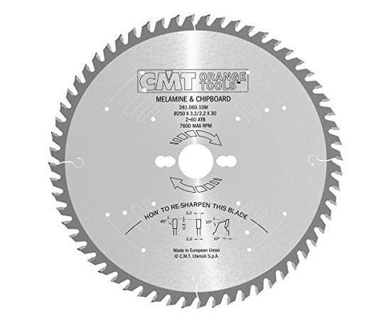 Griešanas disks kokam CMT 281; 250x3,2x30,0 mm; Z60; 10°