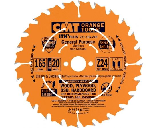 Griešanas disks kokam CMT 271; 165x1,7x20; Z24; 18°