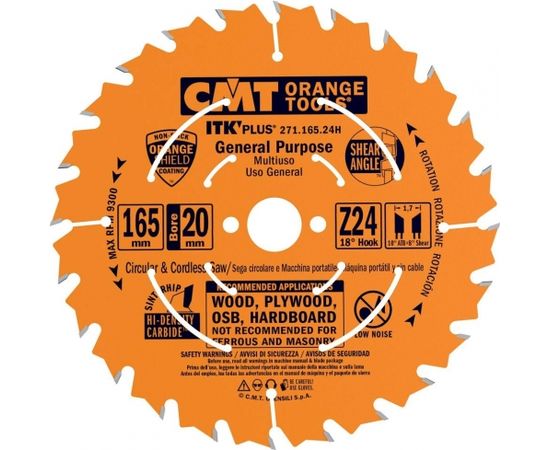 Griešanas disks kokam CMT 271; 165x1,7x20; Z24; 18°