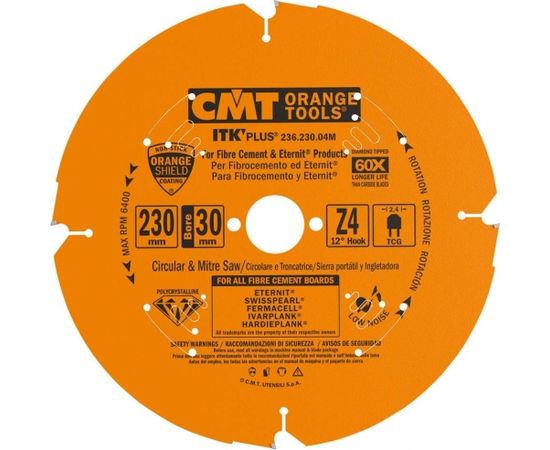 Griešanas disks šķiedru cementam CMT 236; 230x2,4x30; Z4; 12° Zāģripas