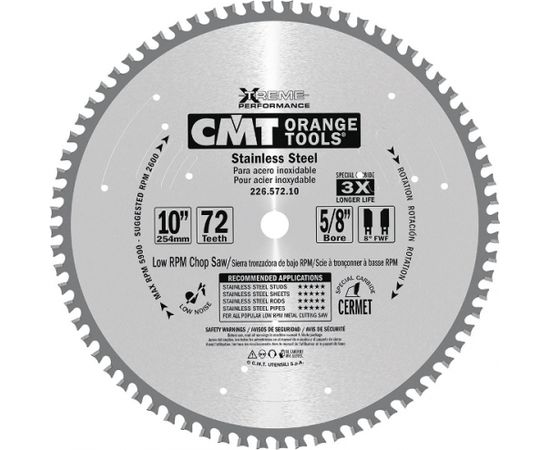 Griešanas disks metālam CMT 226; 254x2,2x15,87; Z72; 10°