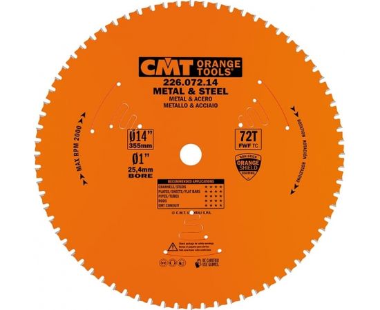 Griešanas disks metālam CMT 226; 355x2,2x25,4; Z72; 0°