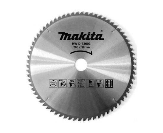 Griešanas disks alumīnijam Makita; 260x2,8x30,0 mm; Z70; 5°