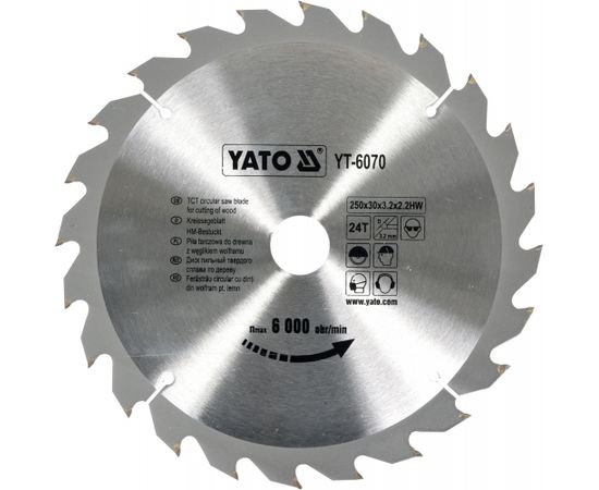 Griešanas disks kokam Yato YT-6070; 250x2,2x30 mm; Z24