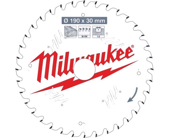 Griešanas disks kokam Milwaukee 4932471301; 190x30x1,6 mm; Z36; 15°