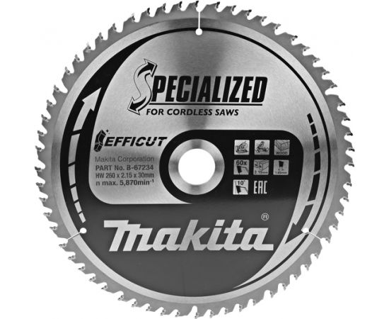 Griešanas disks kokam Makita EFFICUT; 260x2,15x30,0 mm; Z63; 10°