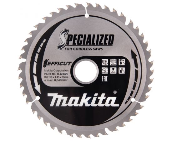 Griešanas disks kokam Makita EFFICUT; 190x1,45x30,0 mm; Z45; 23°