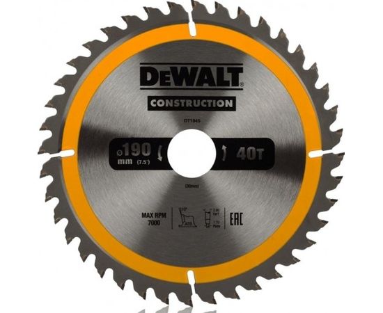 Griešanas disks kokam DeWalt Construction; 190x30 mm; Z40