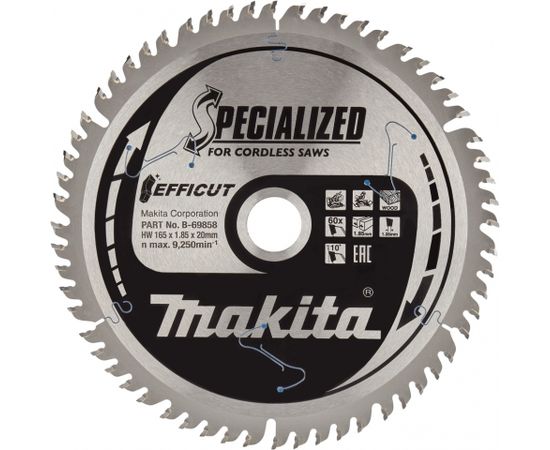 Griešanas disks kokam Makita Efficut; 165x1,85x20 mm; Z60; 10°