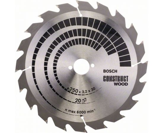 Griešanas disks kokam Bosch CONSTRUCT WOOD; 250x3,2x30,0 mm; Z20; 15°