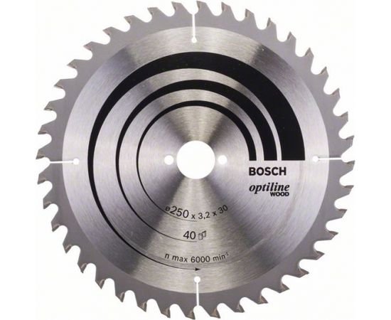 Griešanas disks kokam Bosch OPTILINE WOOD; 250x3,2x30,0 mm; Z40; 10°
