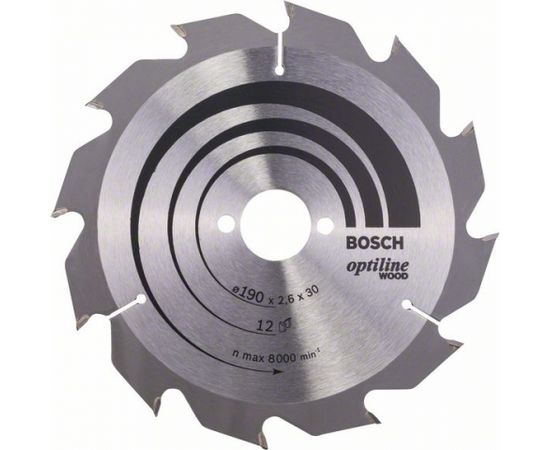 Griešanas disks kokam Bosch OPTILINE WOOD; 190x2,6x30,0 mm; Z12; 15°