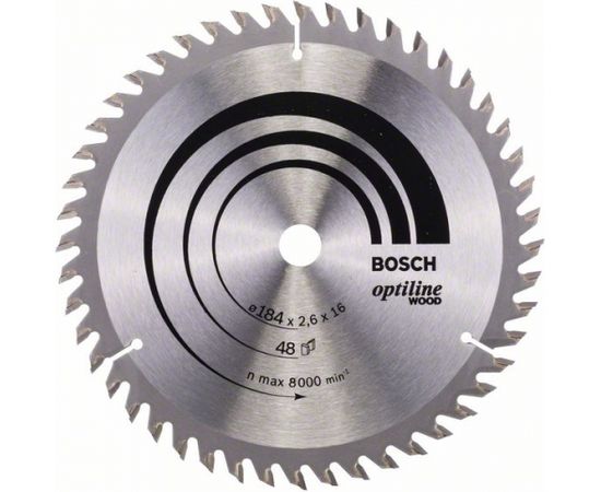 Griešanas disks kokam Bosch OPTILINE WOOD; 184x2,6x30,0 mm; Z48; 15°