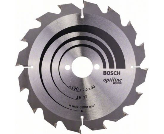 Griešanas disks kokam Bosch OPTILINE WOOD; 190x2x30,0 mm; Z16; 15°