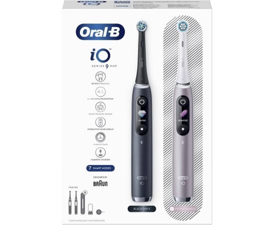 Oral-B Electric Toothbrush iO 9 Series Duo Rechargeable, For adults, Number of brush heads included 2, Black Onyx/Rose, Number of teeth brushing modes 7