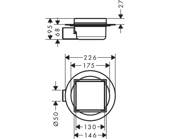 Hansgrohe dušas traps RainDrain Spot Complete, 150/150 mm, DN50, horizontāls, resti no otras puses var flīzēt