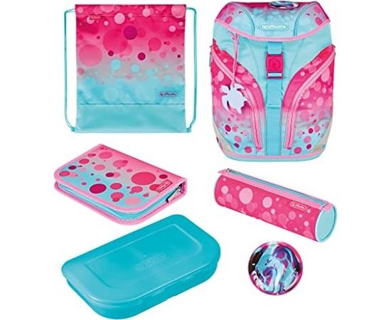 Herlitz SoftLight Plus GreenLine Pink Bubbles, school bag (pink/light blue, incl. filled 16-piece school case, pencil case, sports bag)