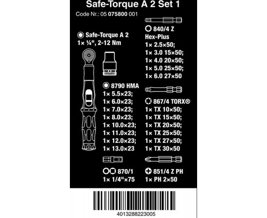 Wera Safe-Torque A2 Set 1, 23 pieces, torque wrench (black/green, 1/4" hexagon, 2-12 Nm)