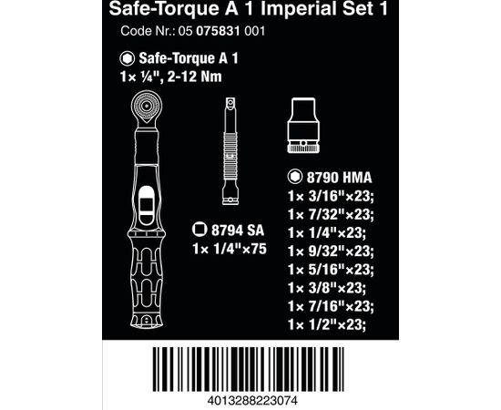 Wera Safe-Torque A 1 Imperial Set 1, 10 pieces, torque wrench (black/green, 1/4" square, 2-12 Nm)