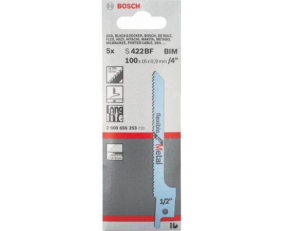 Bosch saber saw blade S 522 BF Flexible for Metal, 100mm (5 pieces)