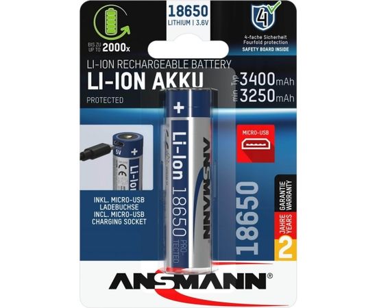 Ansmann Li-Ion battery 18650 3400 mAh with micro USB charging socket (18650, 1 piece)