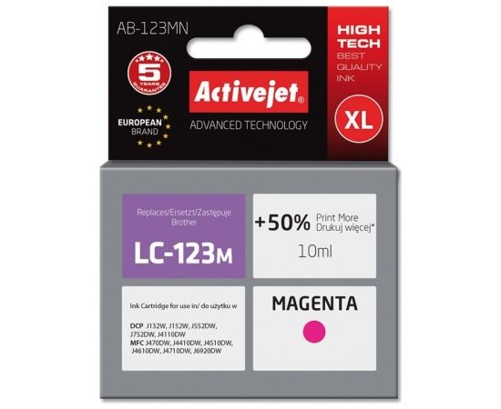 Activejet AB-123MN ink for Brother printer; Brother LC123M/LC121M replacement; Supreme; 10 ml; magenta