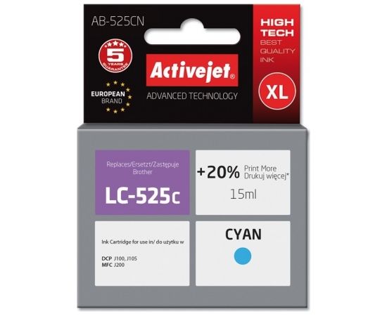 Activejet AB-525CN ink for Brother printer; Brother LC525C replacement; Supreme; 15 ml; cyan