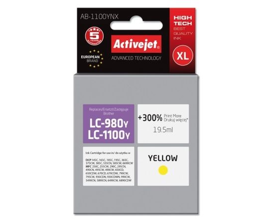 Activejet AB-1100YNX ink for Brother printer; Brother LC1100/LC980Y replacement; Supreme; 19.5 ml; yellow