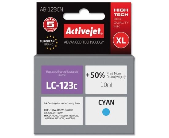 Activejet AB-123CN ink for Brother printer; Brother LC123C/LC121C replacement; Supreme; 10 ml; cyan