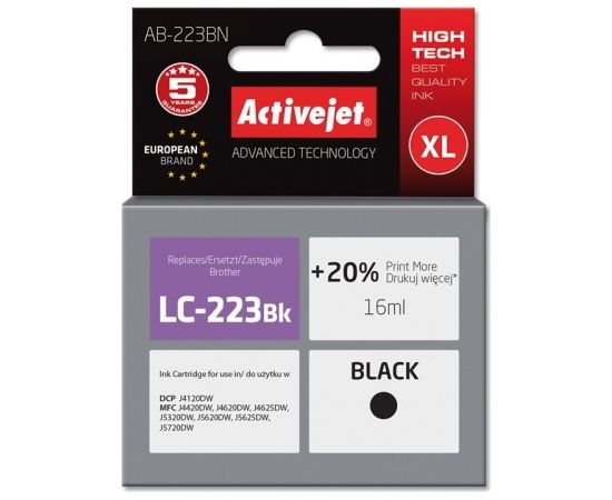 Activejet AB-223BN ink for Brother printer; Brother LC223Bk replacement; Supreme; 16 ml; black