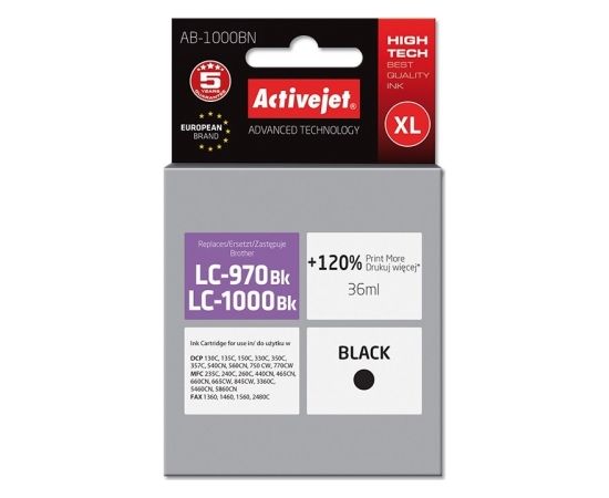 Activejet AB-1000BN ink for Brother printer; Brother LC1000/LC970Bk replacement; Supreme; 35 ml; black