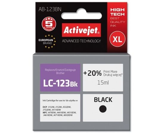 Activejet AB-123BN ink for Brother printer; Brother LC123Bk/LC121Bk replacement; Supreme; 15 ml; black