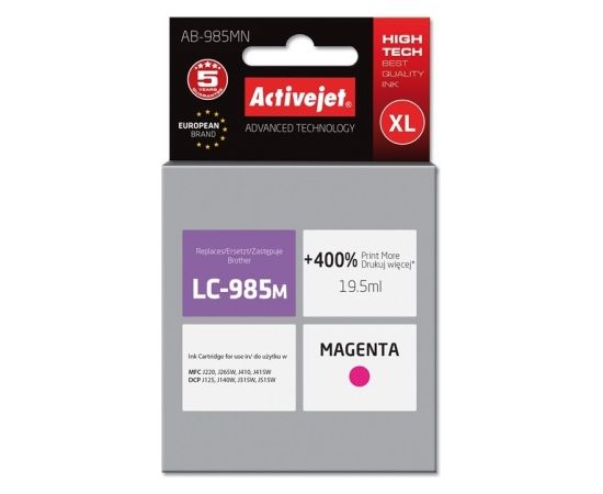 Activejet AB-985MN ink for Brother printer; Brother LC985M replacement; Supreme; 19.5 ml; magenta