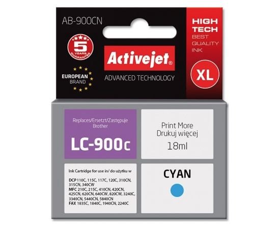 Activejet AB-900CN ink for Brother printer; Brother LC900C replacement; Supreme; 17.5 ml; cyan