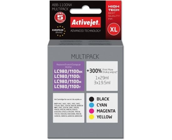 Activejet ABB-1100NX Brother Printer Ink, Compatible with Brother LC1100/980;  Supreme;  1 x 29 ml, 3 x 19.5 ml;  black, purple, blue, yellow. Prints 300% more.