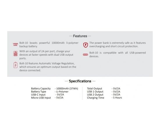 Promate Bolt-10 Power Banka Universāla Ārējas Uzlādes Baterija 10W / 2.A  / 10 000 mAh