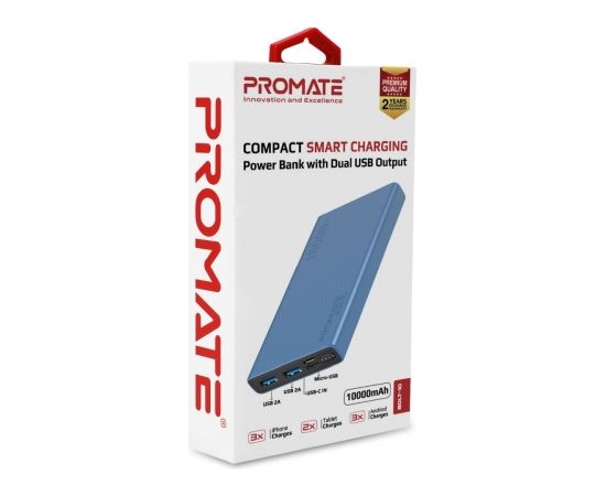 Promate Bolt-10 Power Banka Universāla Ārējas Uzlādes Baterija 10W / 2.A  / 10 000 mAh