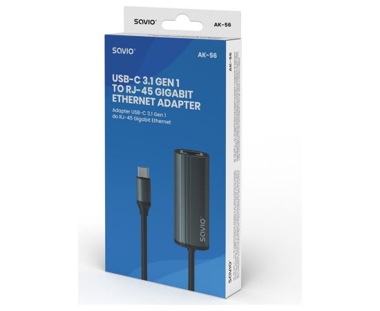 SAVIO Adapter USB-C 3.1 Gen.1 (M) to RJ-45 Gigabit Ethernet (F), 1000 Mbps, AK-56, grey