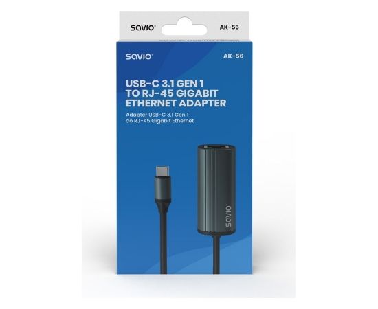 SAVIO Adapter USB-C 3.1 Gen.1 (M) to RJ-45 Gigabit Ethernet (F), 1000 Mbps, AK-56, grey