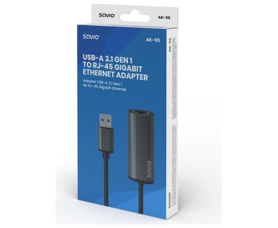 SAVIO Adapter USB-A 3.1(M) to RJ-45 Gigabit Ethernet (F), 1000 Mbps, AK-55, grey