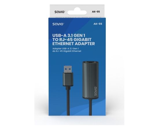 SAVIO Adapter USB-A 3.1(M) to RJ-45 Gigabit Ethernet (F), 1000 Mbps, AK-55, grey