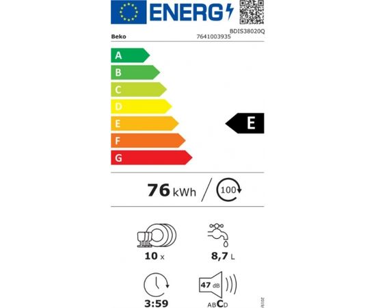 Beko BDIS38020Q Trauku mašīna, iebūvējama 45cm