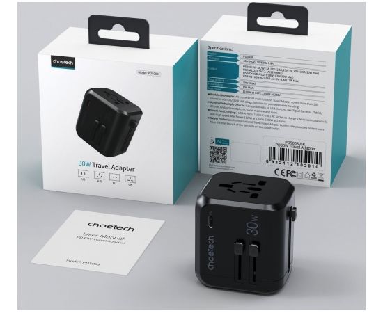 Choetech Fast Universal GaN USB Travel Charger Type C | 3 x USB-A 30W Power Delivery Black (PD5008-BK)