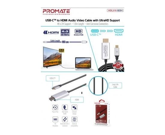 PROMATE HDLink-60H USB-C - HDMI UltraHD 3840x2160@60 Kabelis 1.8m