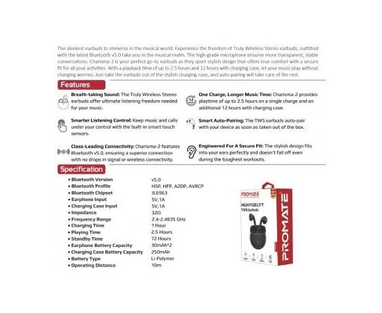 PROMATE Charisma 2 TWS Bluetooth Стерео гарнитура