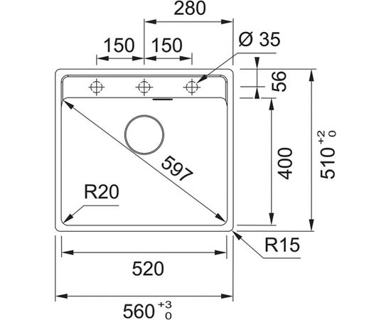 Franke MRG 610-52 A fragranīta izlietne ar PushKnob vadības ventīli 3 1/2'', 560x510mm, onikss