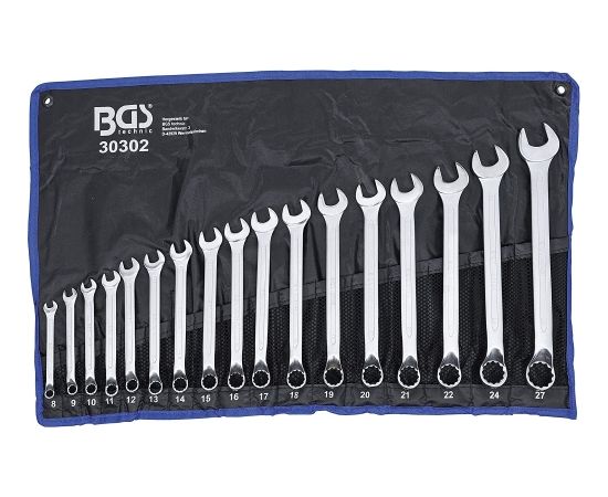 Bgs Technic BGS 30302 | Open-Ended Spanner Set | 17 Pieces | Offset | SW 8 - 27 mm | Includes Tetron Roll-Up Bag | Combination Spanner